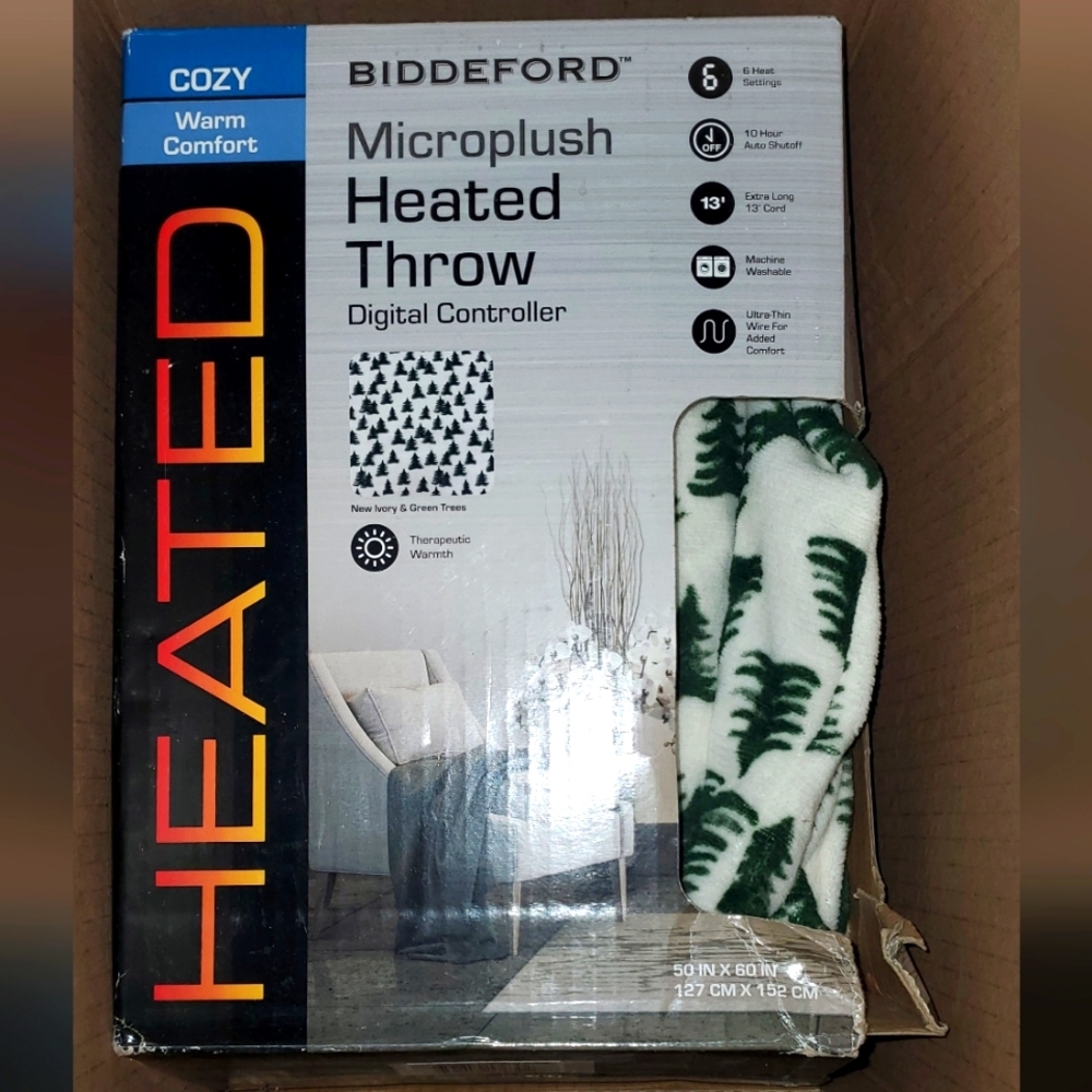 NWT- Biddeford Microplush Heated Blanket, Tree Design